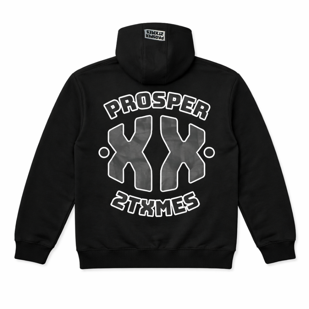 Black hoodie with white text on a white background