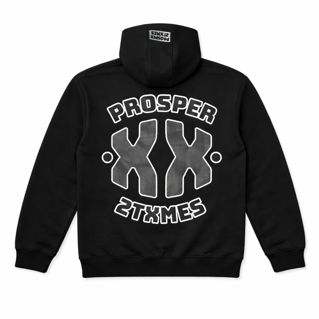 Black hoodie with white text on a white background