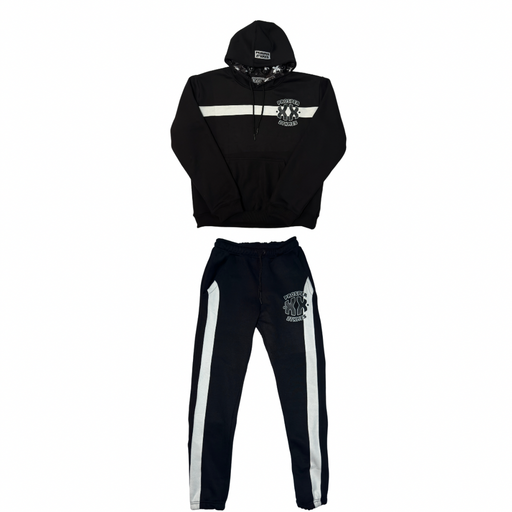 A black tracksuit with white stripes on the pants and a hoodie with a printed logo on the front.