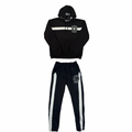 A black tracksuit with white stripes on the pants and a hoodie with a printed logo on the front.