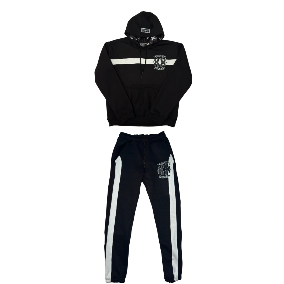 A black tracksuit with white stripes on the pants and a hoodie with a printed logo on the front.