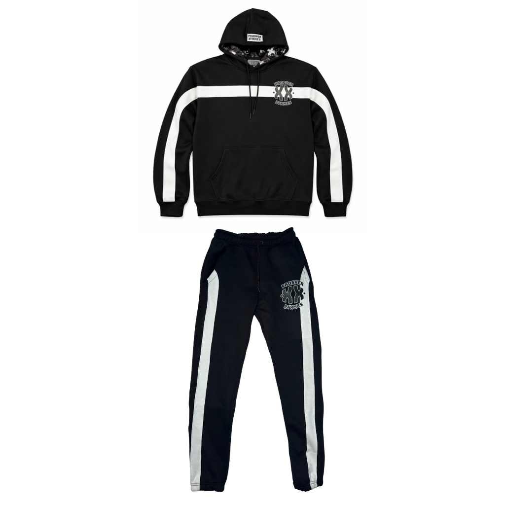Black tracksuit with white stripes on a white background