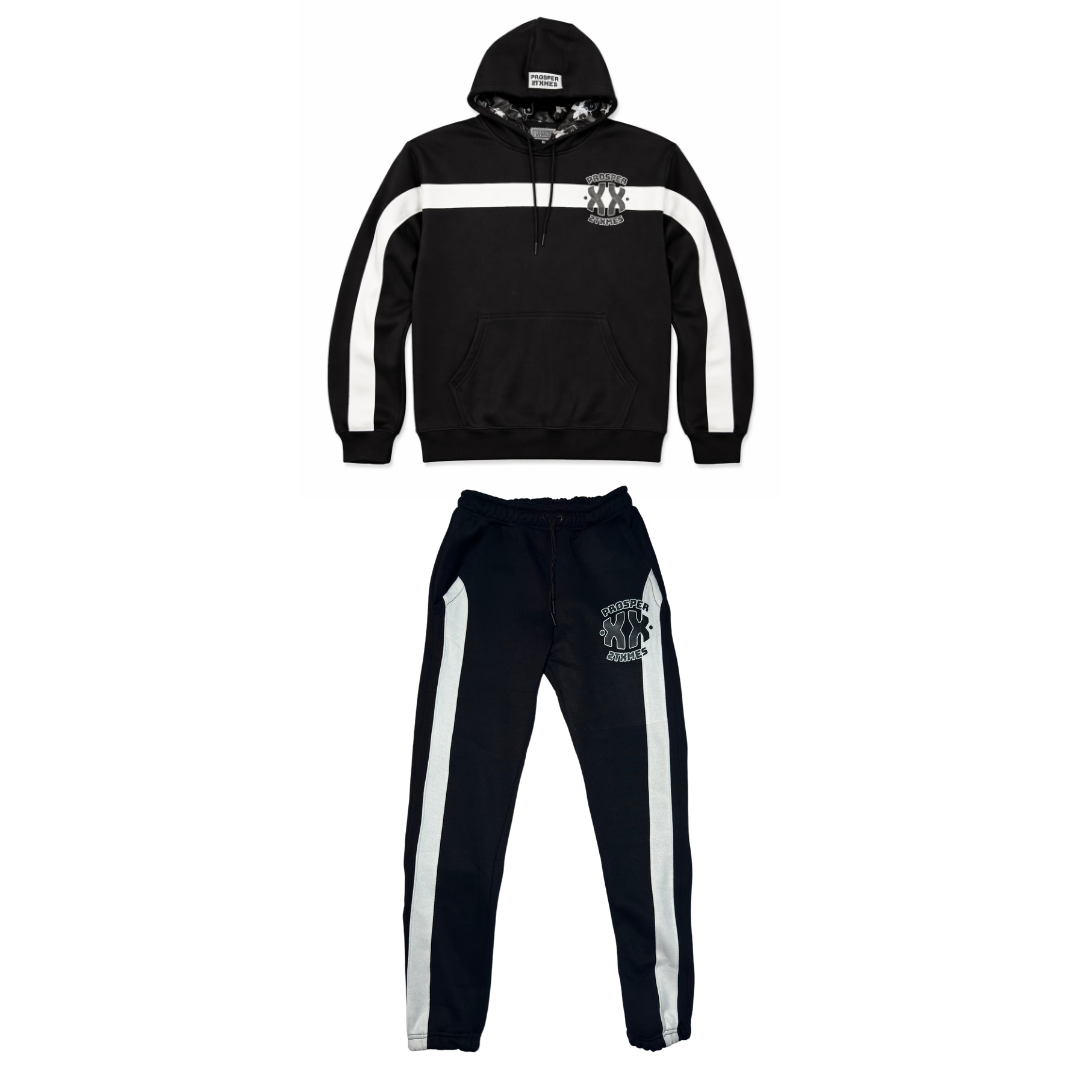 Black tracksuit with white stripes on a white background